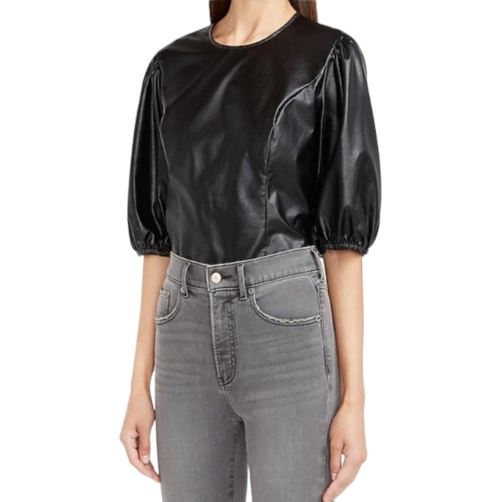 NWT EXPRESS FAUX LEATHER PUFF SLEEVE TOP SZ. L
